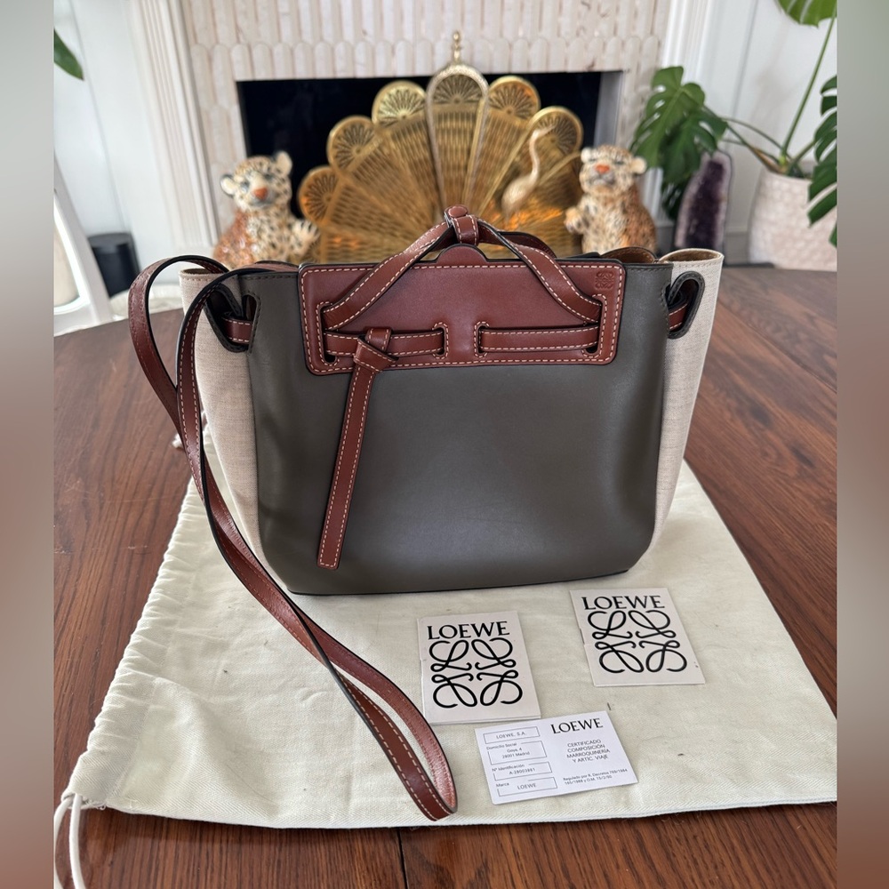 Calfskin Linen Mini Lazo Tote Khaki Green